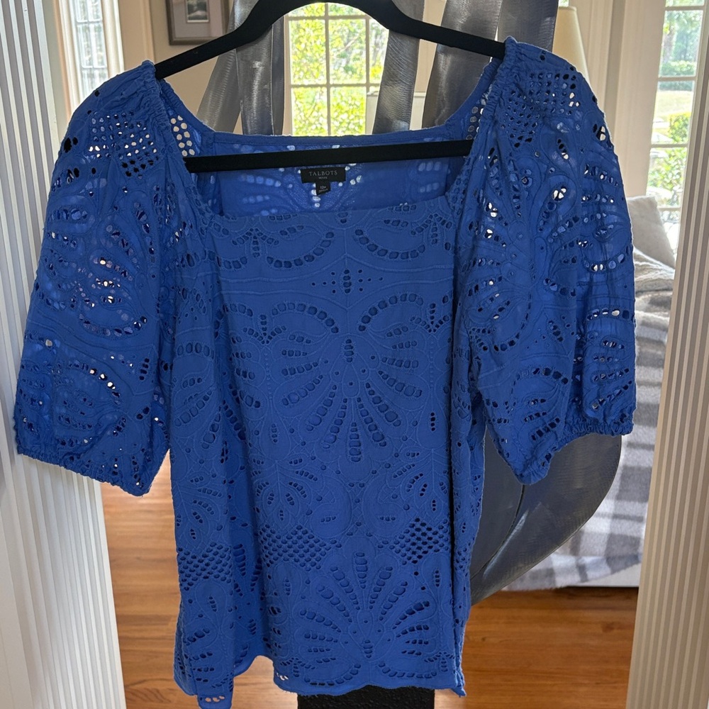 Talbots Cobalt Blue Eyelet Puff-Sleeve Blouse